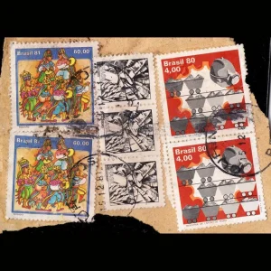 Conjunto 7 Selos Brasileiros anos 80 Folclore, bananas e Minério
